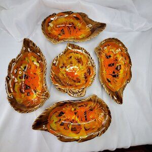VTG California Originals Fall Leaf-Shaped Ceramic Serving Dish Set Orange Brown